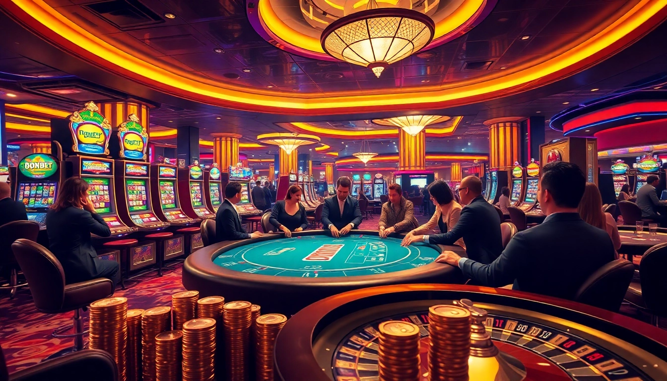 Experience the thrill of 8kbet com with players engaged in high-stakes poker amidst vibrant casino luxury.