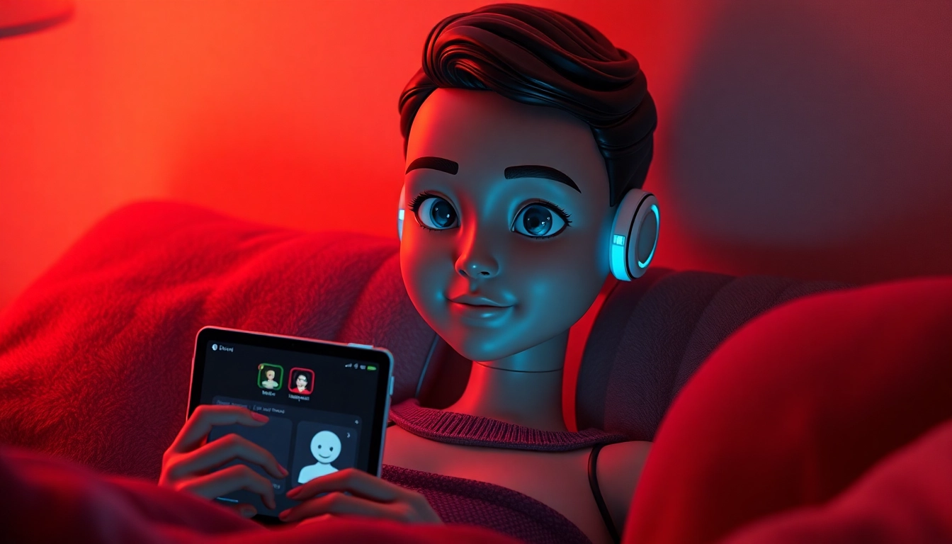 Engaging NSFW character AI interaction scene with inviting character and tech devices.