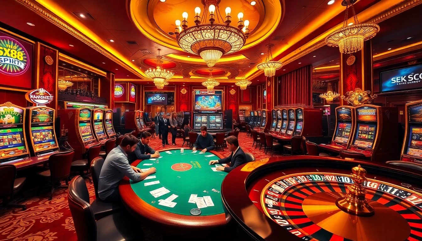 Savor the excitement of sx88 at a vibrant casino scene with dazzling slot machines and lively poker players.