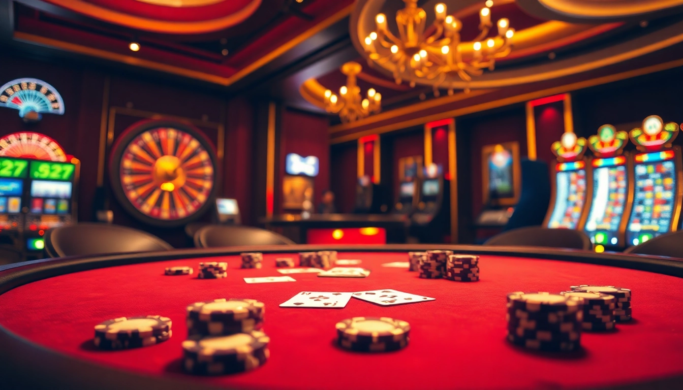 Sodo66 poker table with vibrant chips and cards, set in a luxurious casino atmosphere.