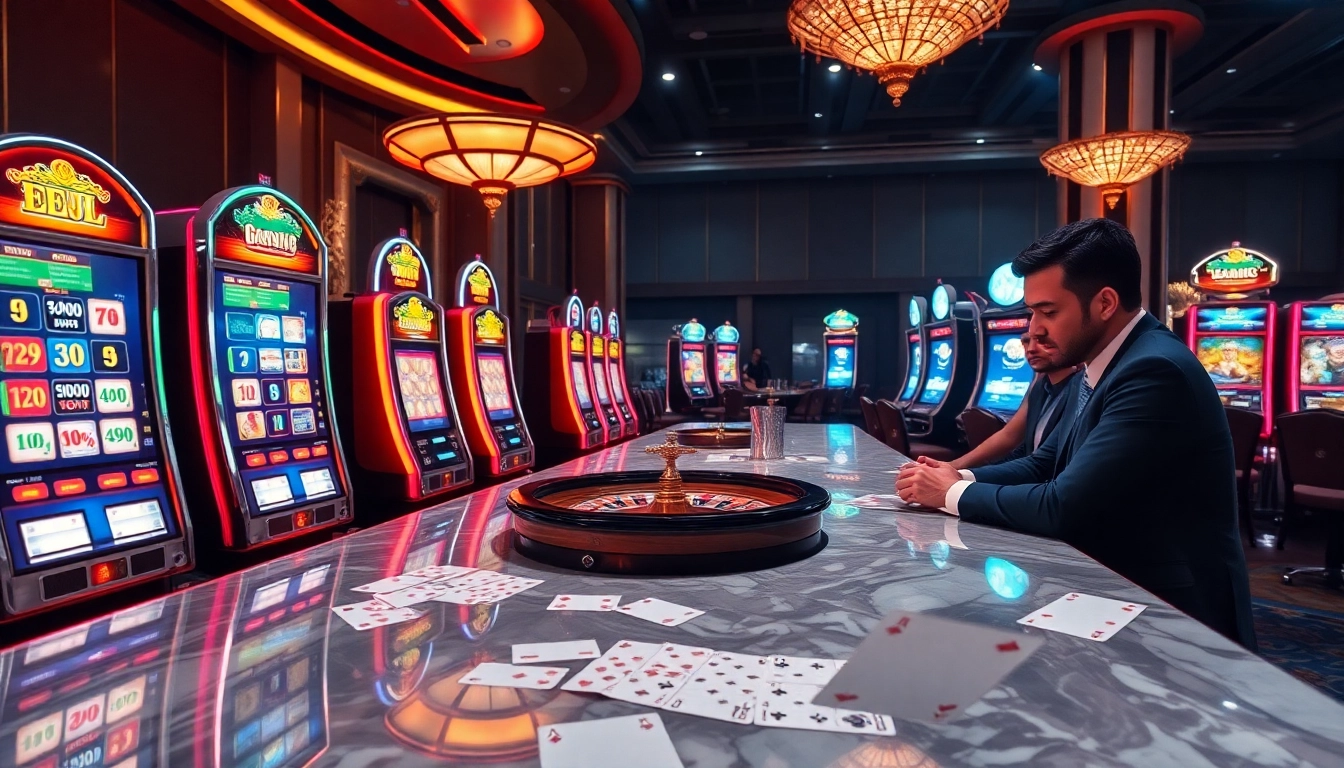 EEJL casino scene with vibrant gaming tables, slot machines, and professional gamblers in action.