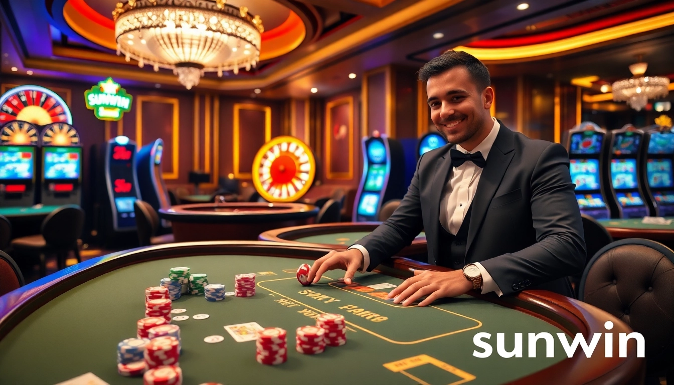 Experience thrilling gameplay at Sunwin's luxurious casino tables featuring professional dealers and vibrant gaming elements.