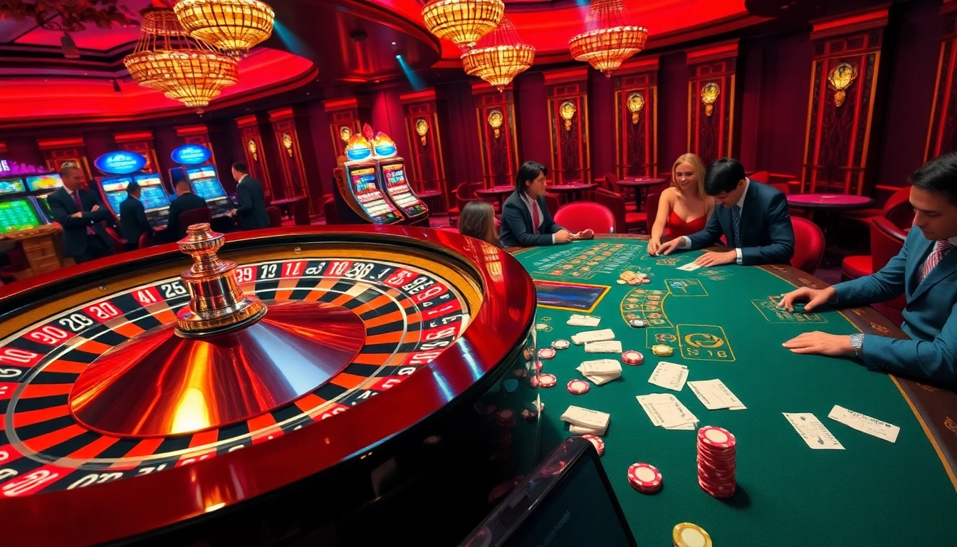Engaging gamblers at a vibrant casino with roulette wheel and poker table, highlighting https://mu88.camp/ excitement.
