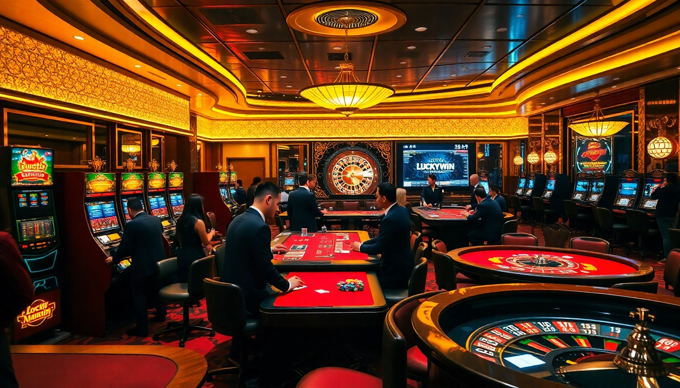 Engaging scene at Luckywin club with players enjoying slot machines and poker games.