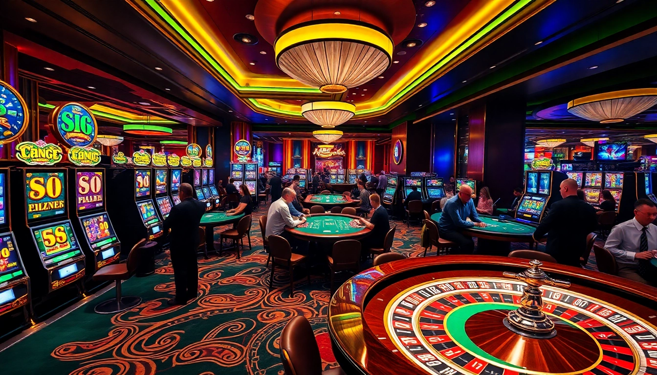 Exciting scene of players engaging at S8-themed casino tables with vibrant slot machines.