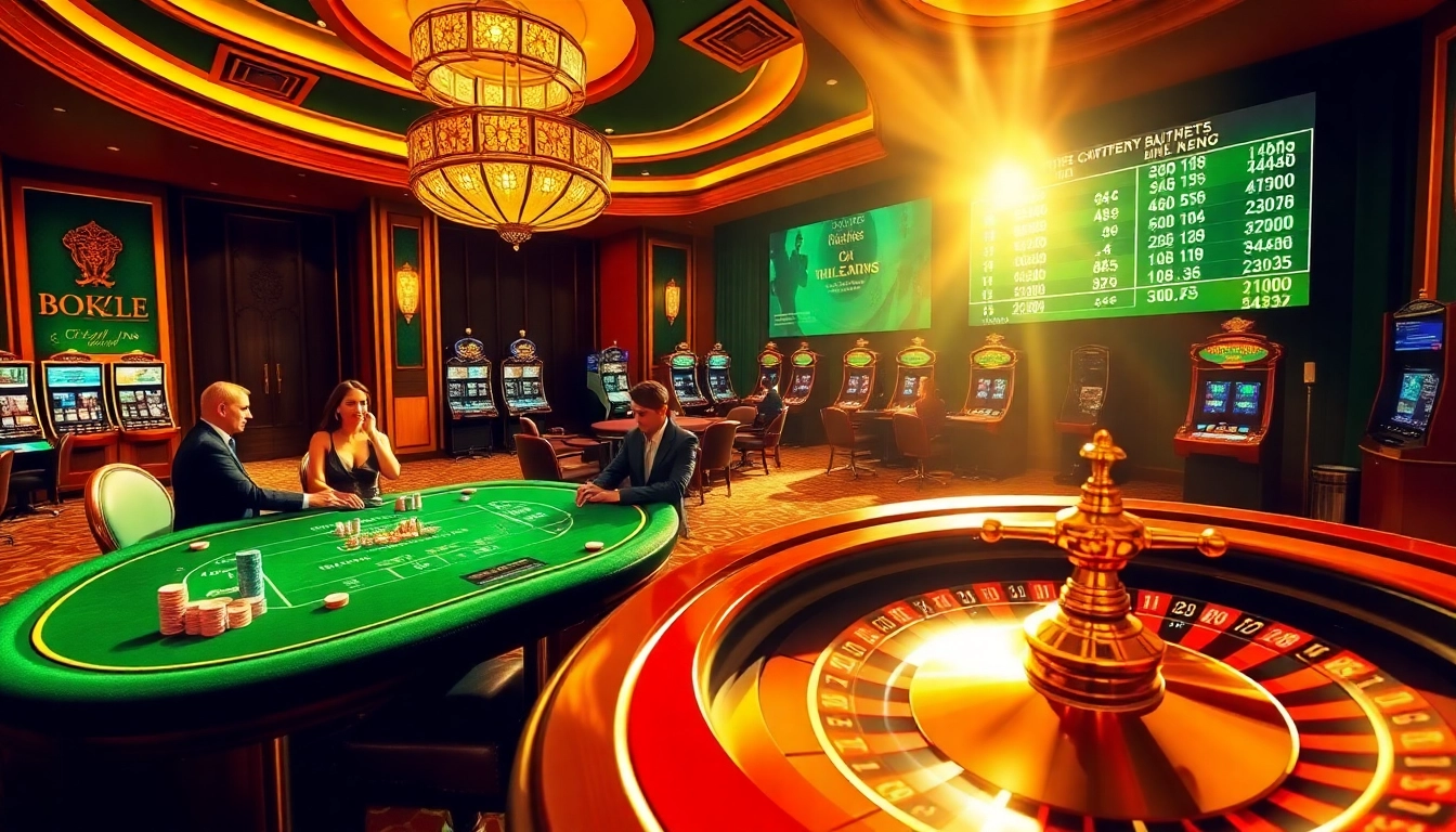Tỷ lệ bóng đá betting tips illustrated with a luxurious casino scene showcasing poker tables and excited gamblers.