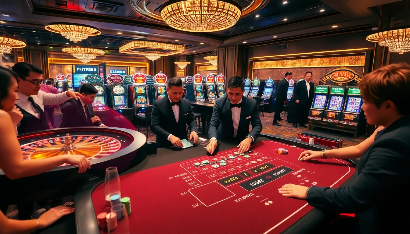 Exciting gambling atmosphere at FLY88 casino with players and winning moments.