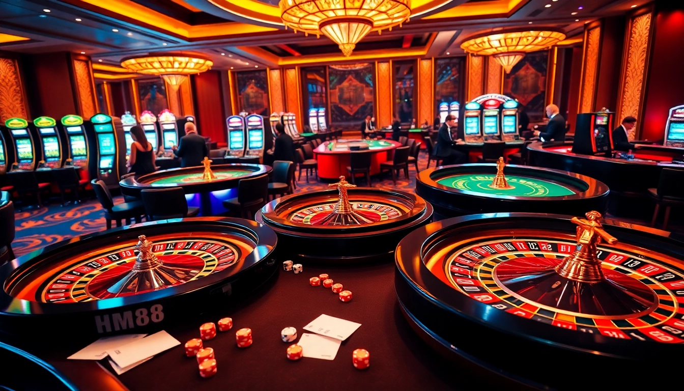 Engaging scene showcasing HM88 casino tables, vibrant roulette wheels, and exciting live betting experiences.