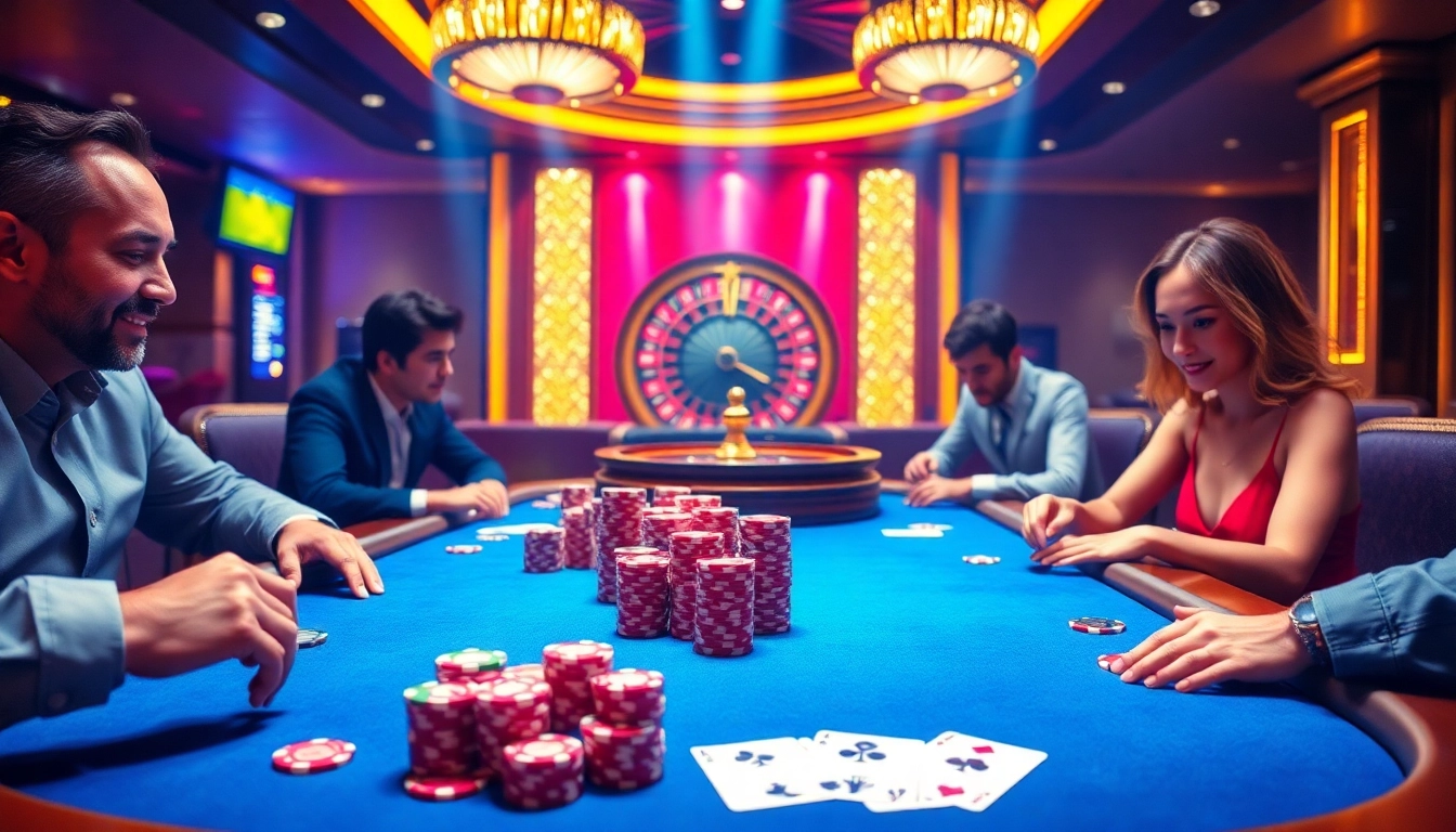 Players strategize their winning moves at the 789club poker table, surrounded by vibrant casino elements.
