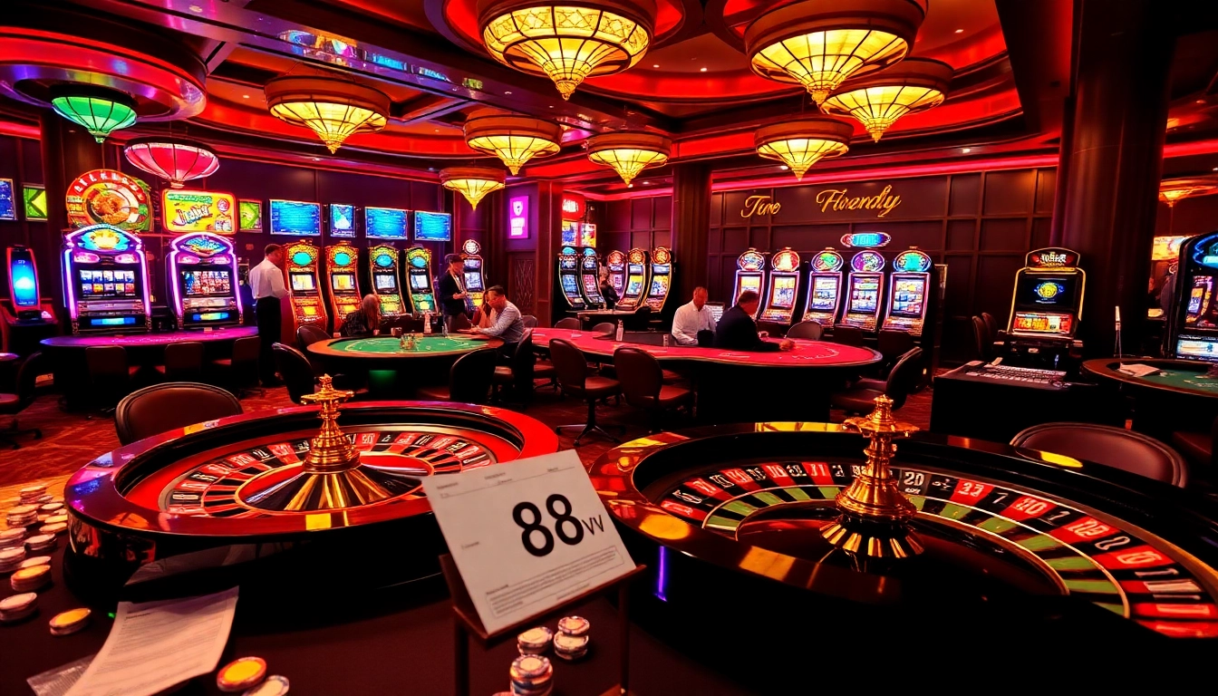 Experience the excitement of 88vv at a luxurious casino with vibrant tables and slot machines.