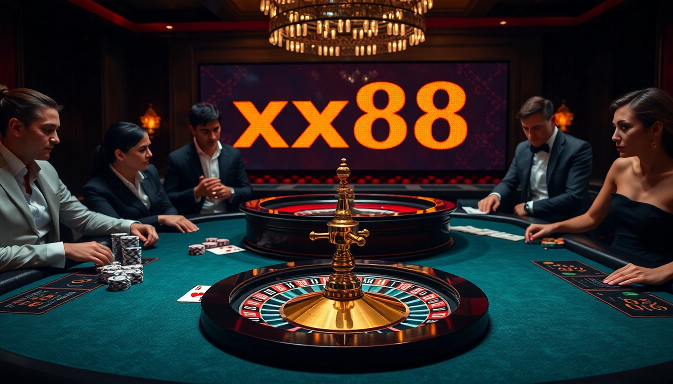 Experience the thrill of gambling with xx88 at an upscale poker table showcasing chips and cards.