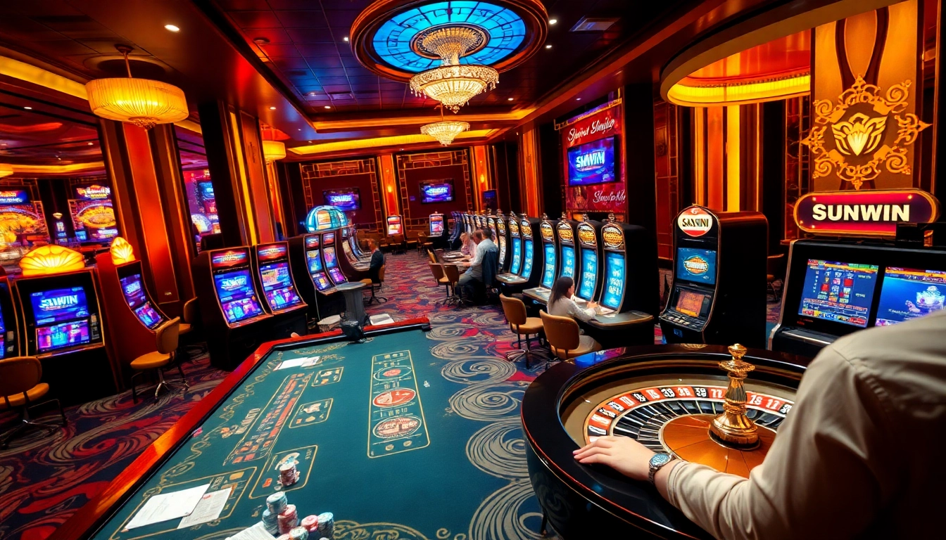 Players enjoying a thrilling game at SUNWIN Casino with elegant tables and vibrant slots.