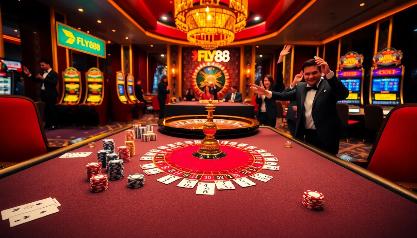 FLY88 casino scene showcasing luxurious poker gameplay and vibrant slots