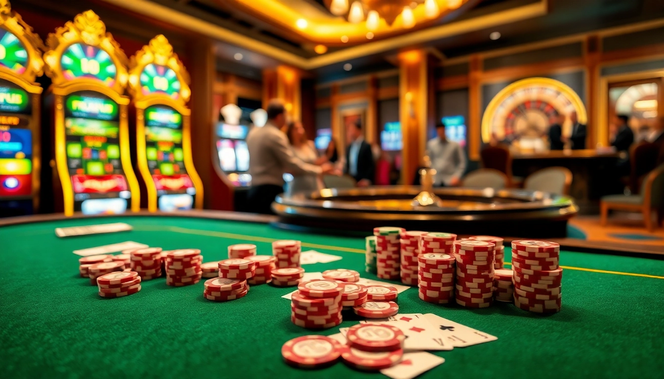 Experience the thrill of TK88 casino action with poker chips and engaging players at a vibrant game table.