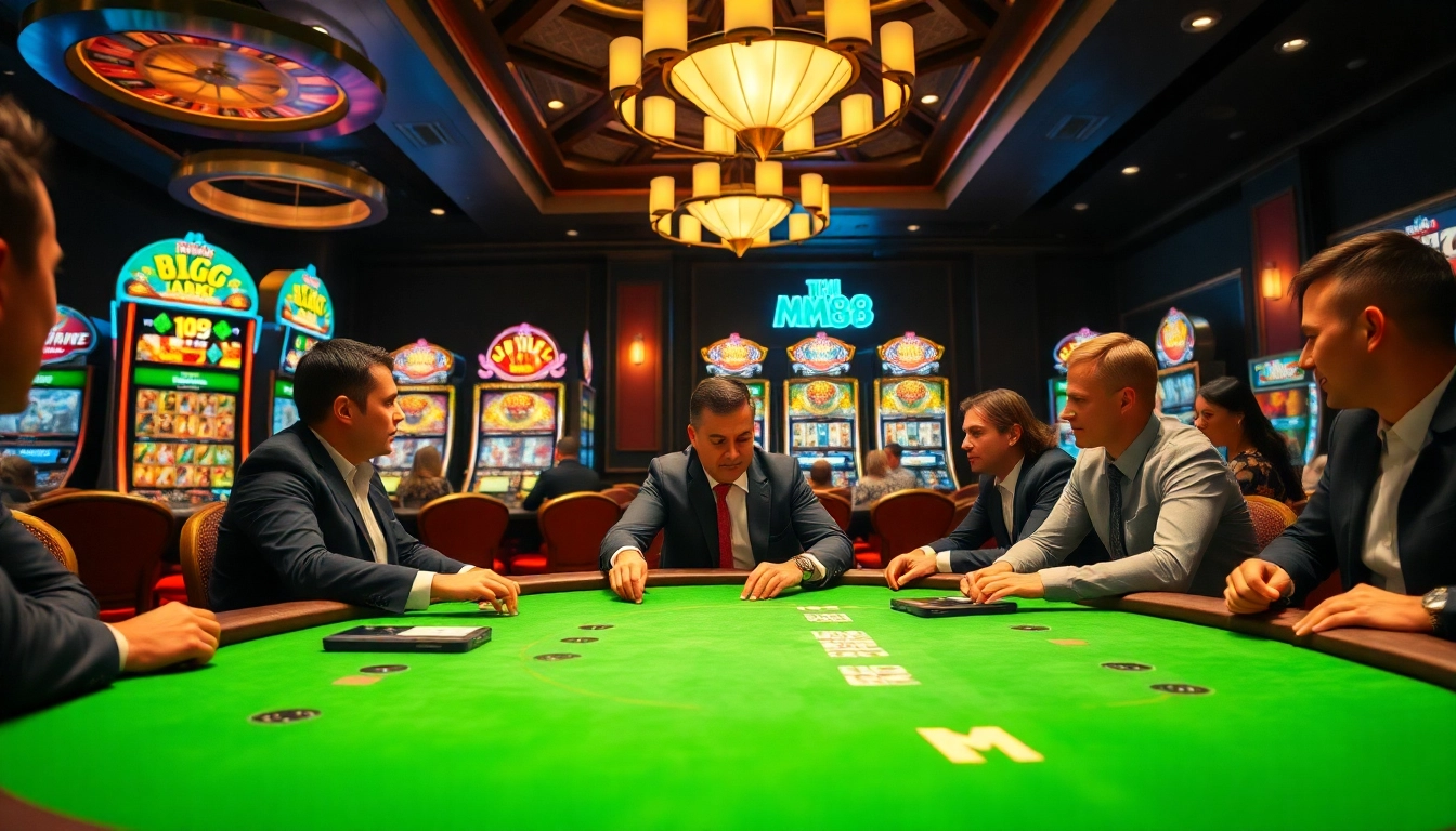 Engaged players at an MM88 poker table strategizing their bets in a luxurious casino.