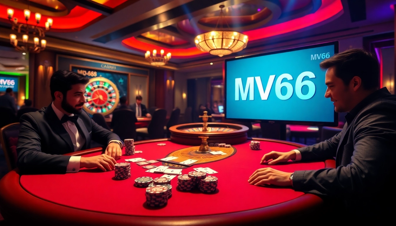 MV66 players engaging at an upscale casino table, showcasing thrilling gambling action.