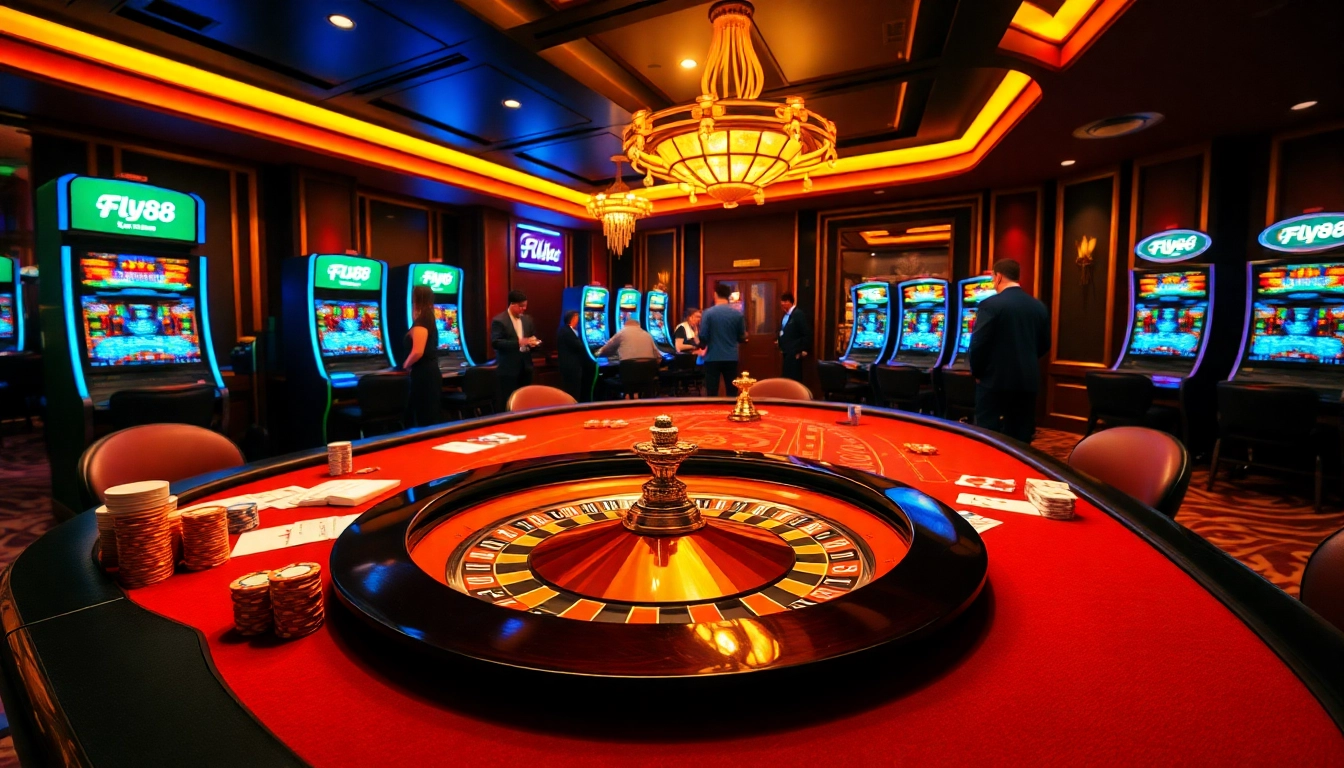 FLY88's luxury casino scene with poker chips and roulette wheel generating excitement.