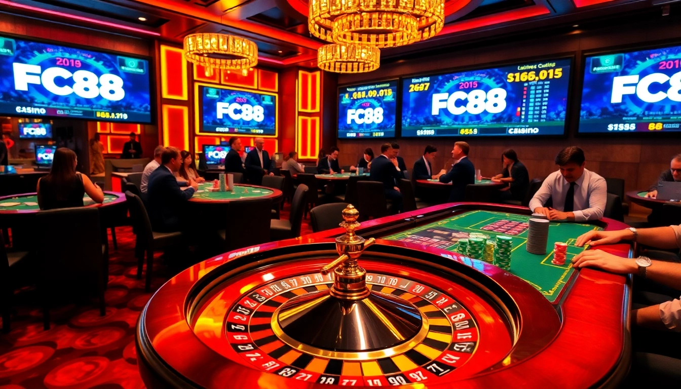 Experience the thrill of gambling at FC88 with engaging poker gameplay and vibrant casino aesthetics.