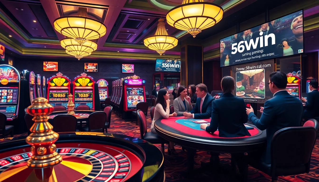A thrilling gaming scene at https://56win.sale/ with vibrant casino tables and spinning roulette wheel.
