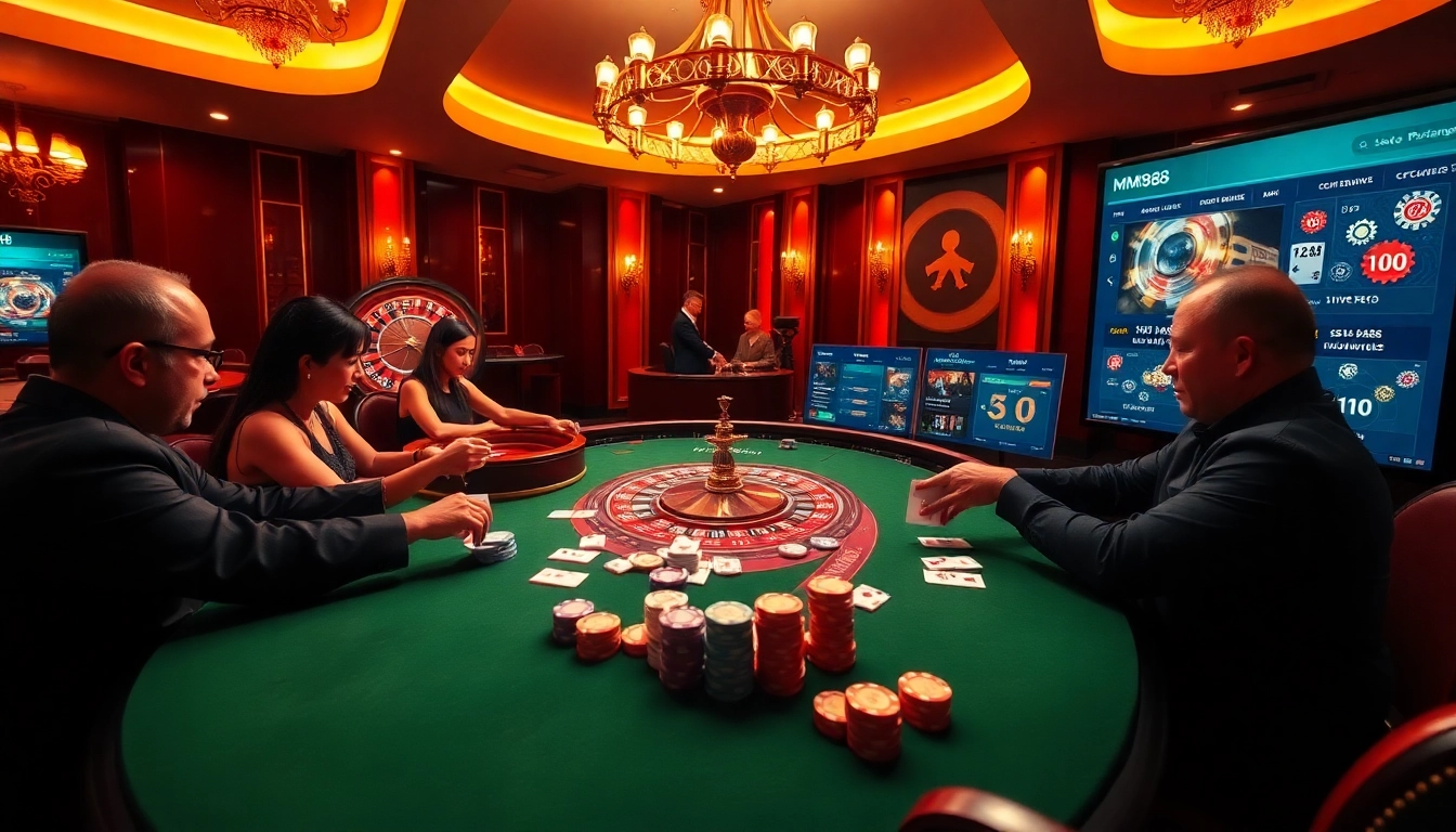 Players engage in an intense poker game at MM88, showcasing high-stakes excitement and vibrant casino ambiance.