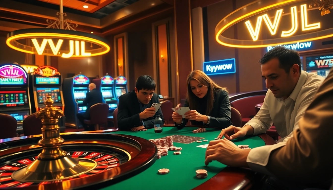 Players engaged at a VVJL poker table in a vibrant casino, highlighting excitement and strategy.