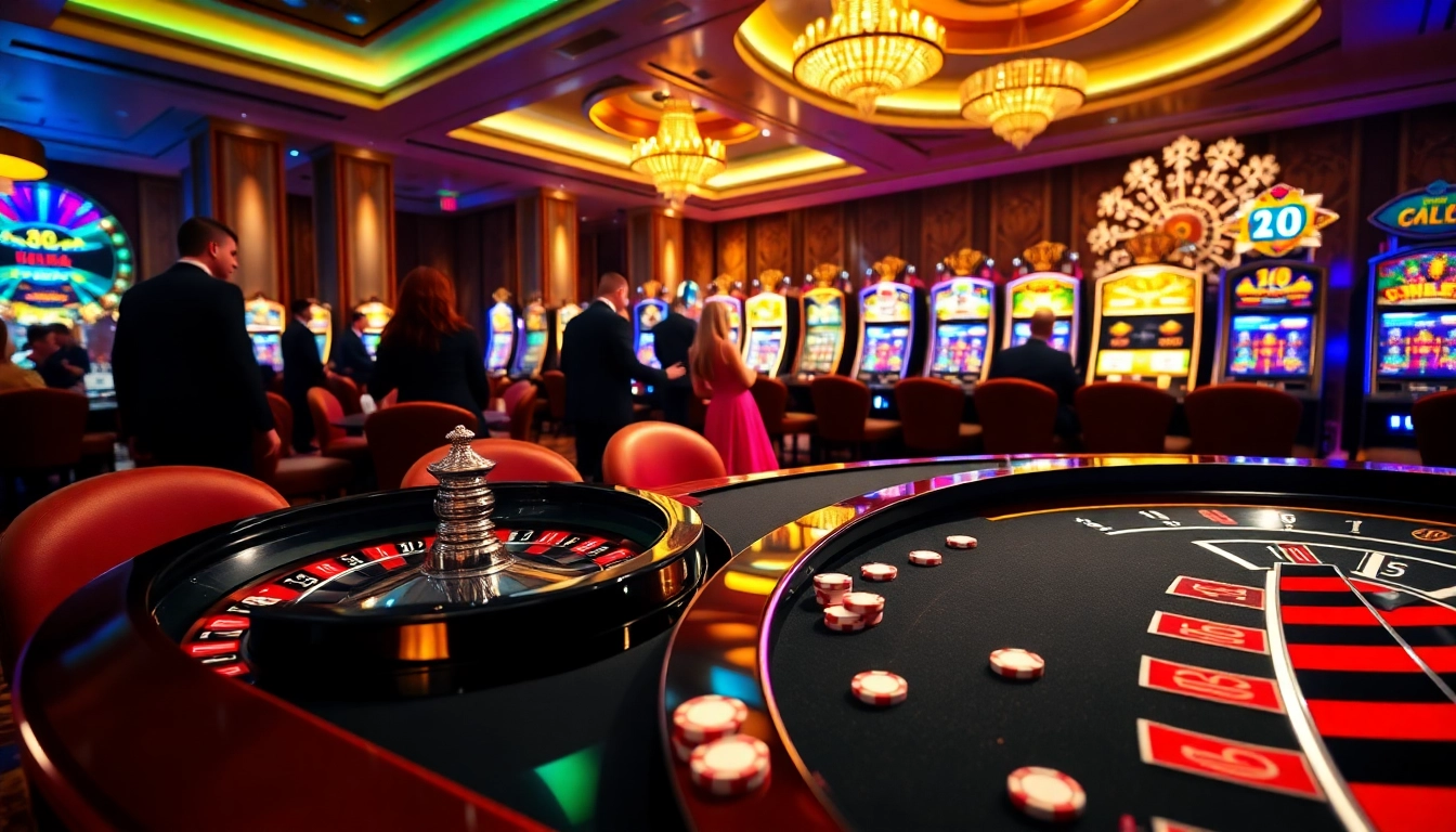 Players enjoying the excitement at lc88.com casino with vibrant tables and slot machines.