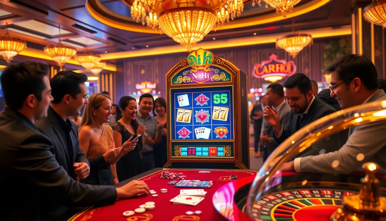 Players engaging with the exciting nổ hũ slot machine in a lavish casino setting.