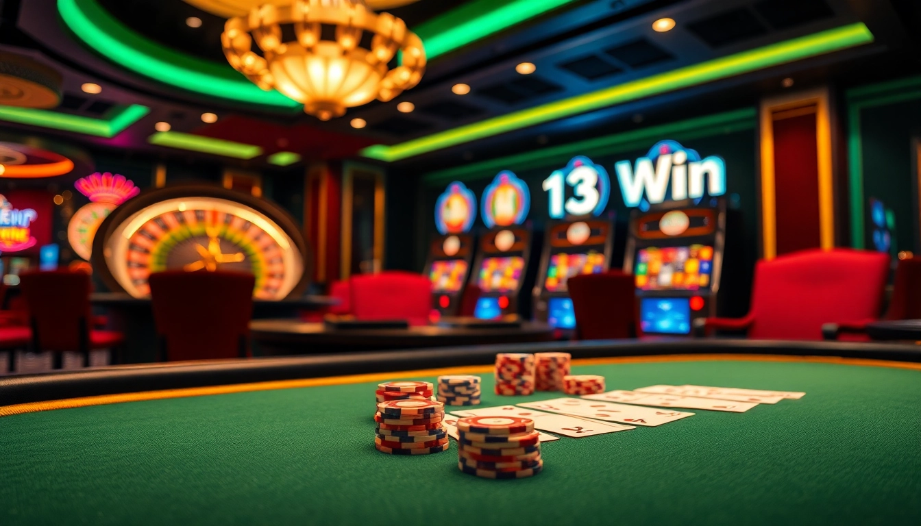 Experience the excitement at 13Win's luxurious poker table featuring colorful chips and cards.