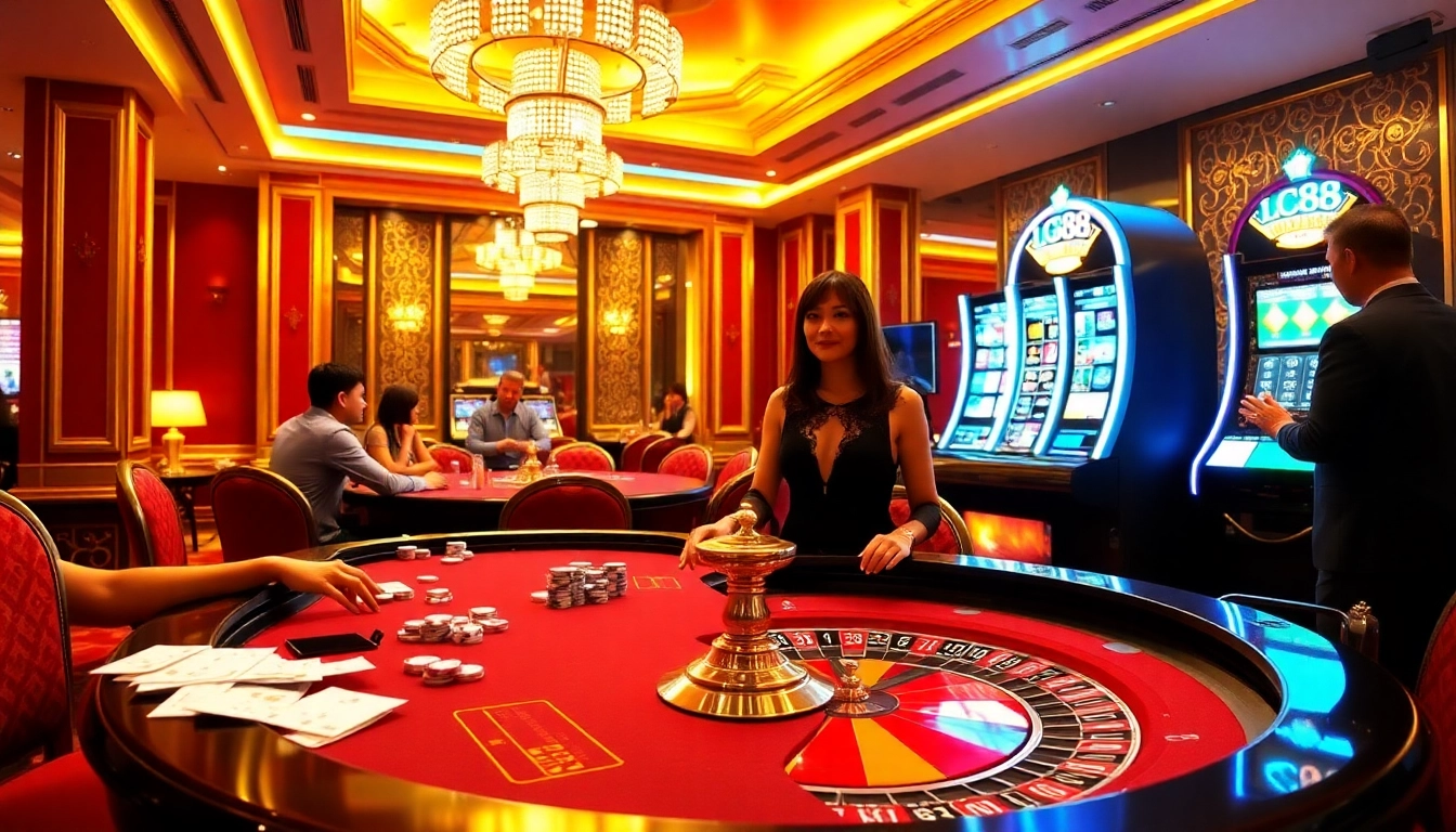 Players enjoying a thrilling poker game at Lc88 casino, surrounded by luxurious decor.