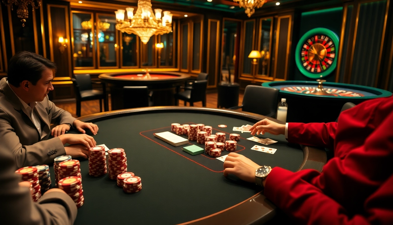 Bet88 poker enthusiasts engaged at an elegant casino table with vibrant chips and cards.