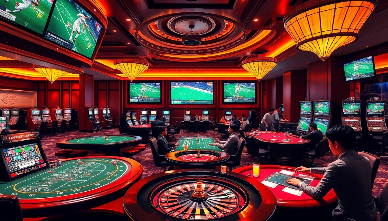 Dynamic sports betting action at ok9 thể thao with casino tables and enthusiastic players.