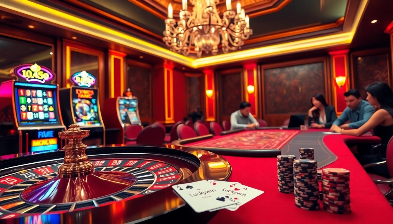 Experience high-stakes gameplay with Luckywin at a luxurious casino table featuring roulette and cards.