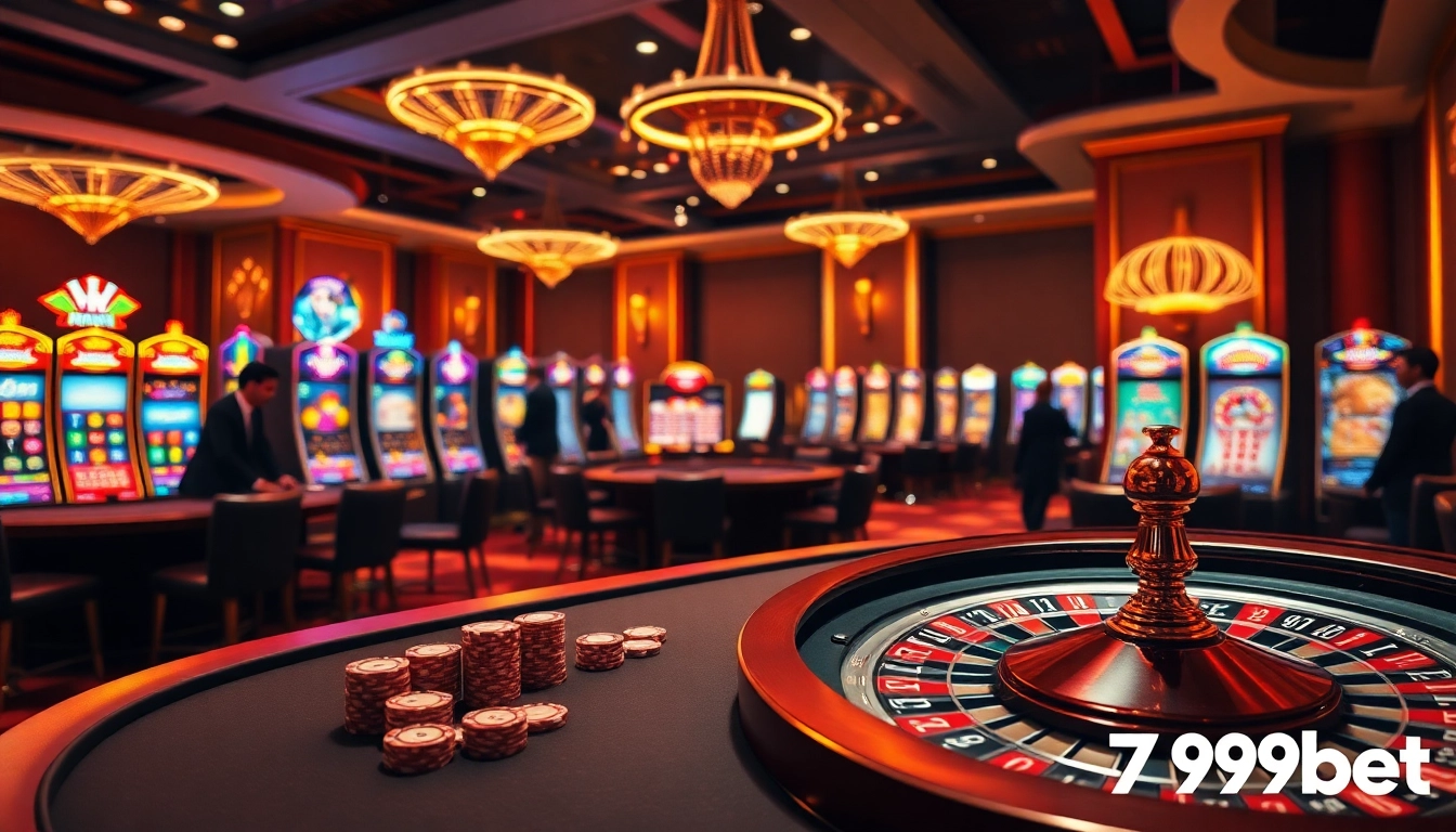 Experience the thrill of gambling at 789bet with a luxurious poker table and vibrant slot machines.