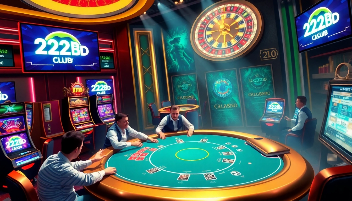 Exciting gaming at 222bd club with poker tables, slot machines, and roulette.