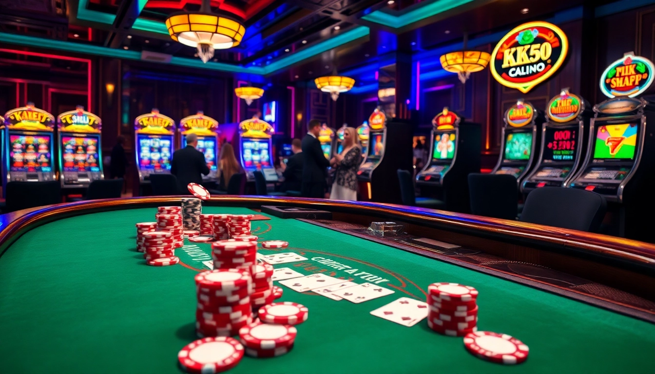Experience the thrill of KK55 at a luxury casino with colorful poker chips and an exciting blackjack table.