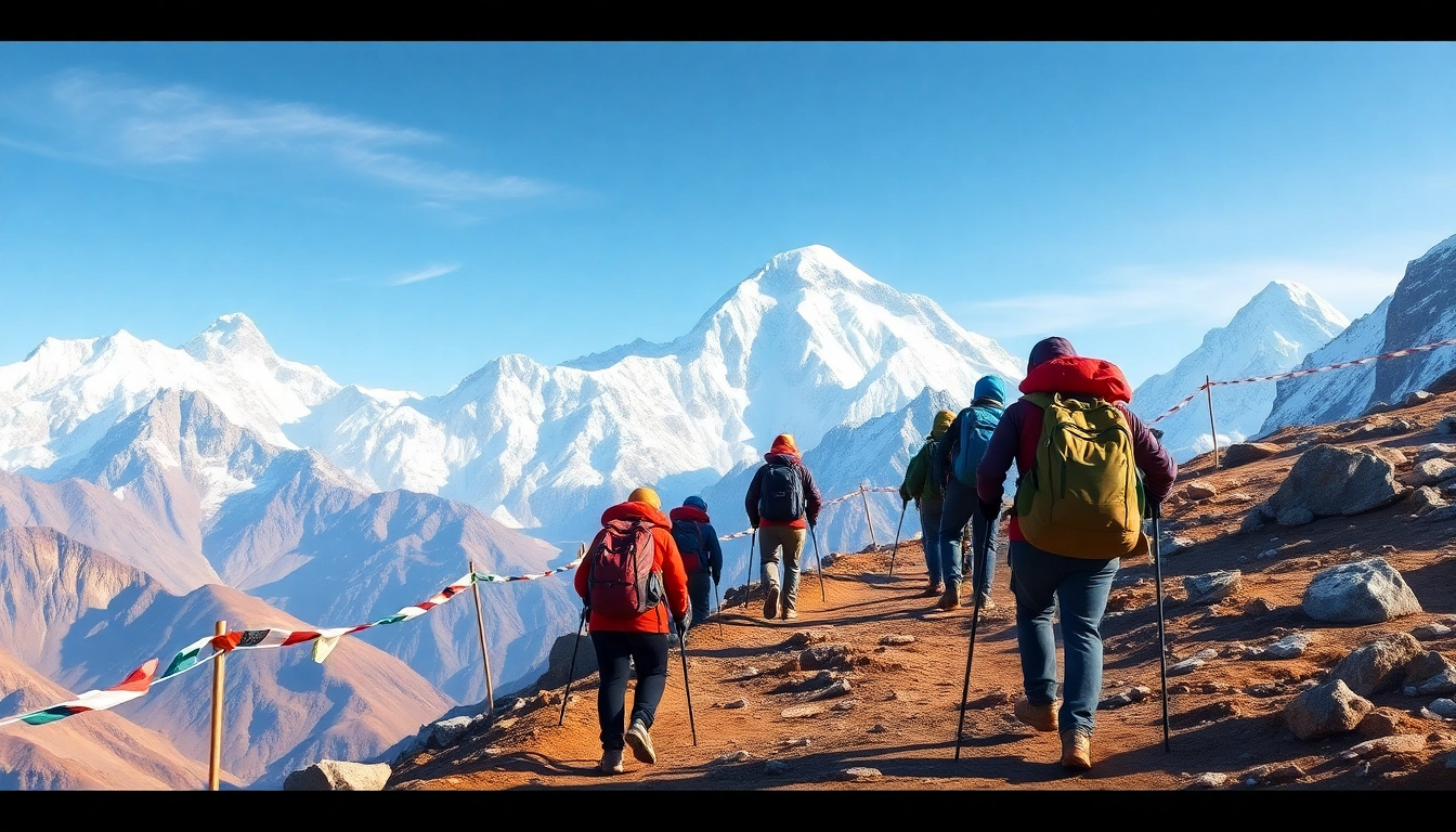 Trekkers on the Everest Base Camp Trek surrounded by stunning Himalayan scenery at dawn.