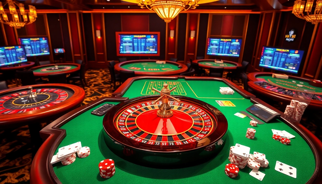 Experience the thrill of betting with hay88 com in a vibrant casino scene, featuring roulette, poker chips, and playing cards.