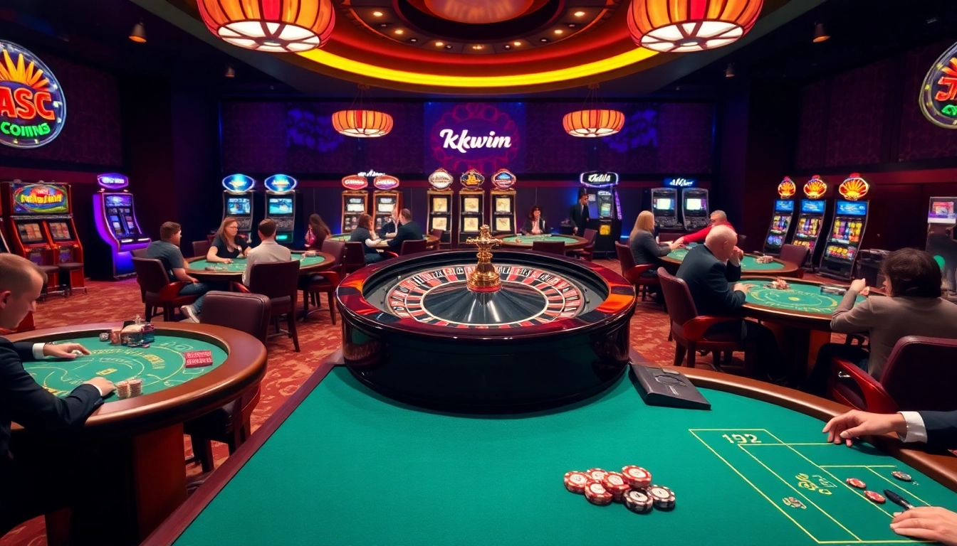 Players enjoying a vibrant casino atmosphere at kkwin com with roulette and poker tables.