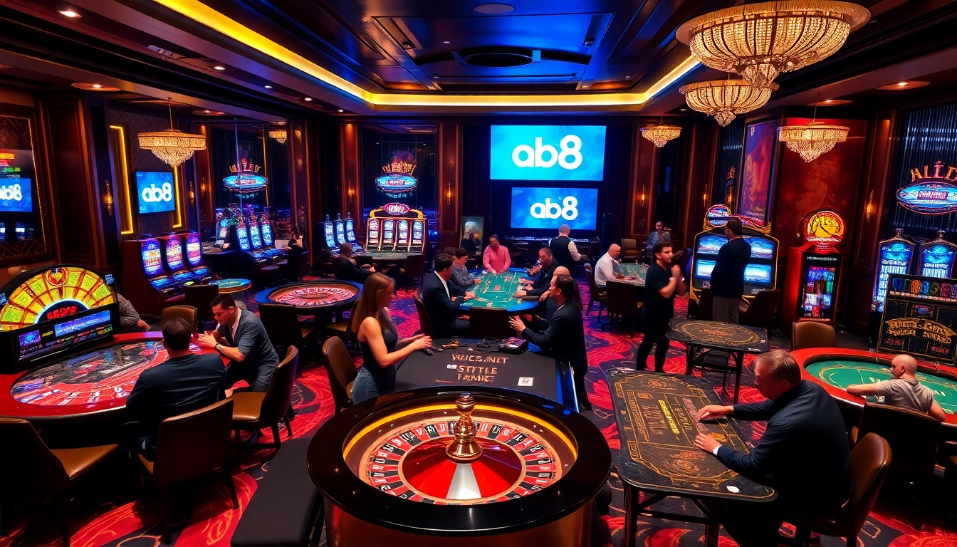 Excited gamblers enjoying a vibrant casino experience featuring abc8 gaming elements like roulette and slots.