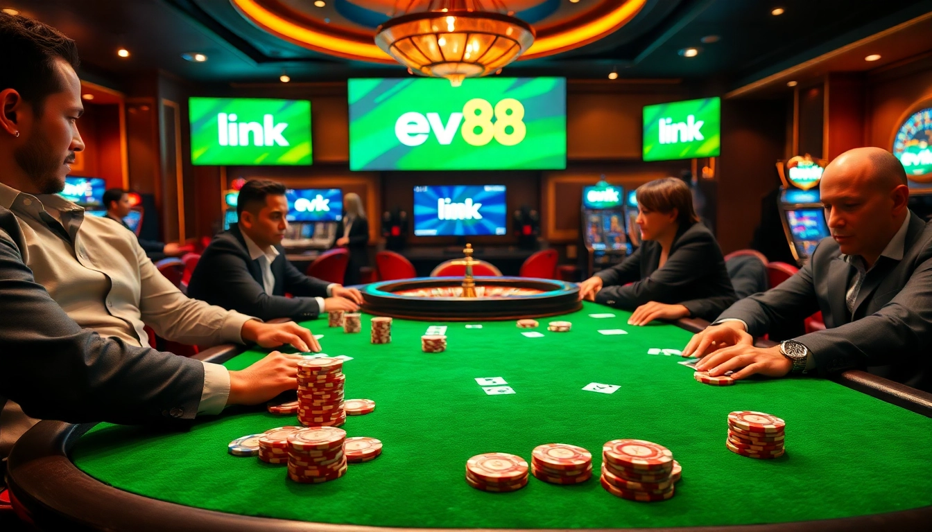 Players engaging with 'link ev88' poker table, surrounded by casino excitement and luxury.