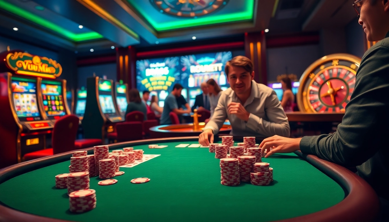 MM88 poker players engage in an exciting game at a luxurious casino table with vibrant chips and cards