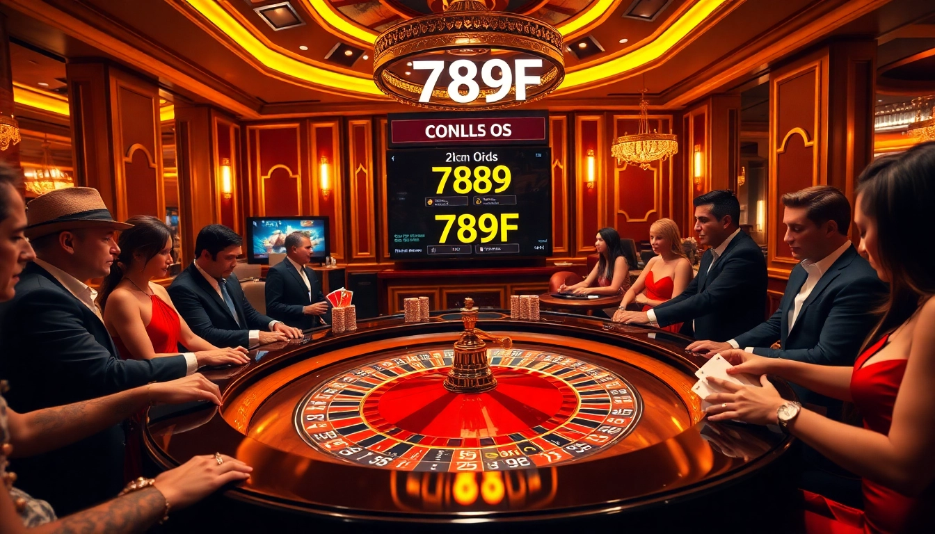 Excited gamblers placing bets at a luxurious roulette table related to 789F in a vibrant casino setting.