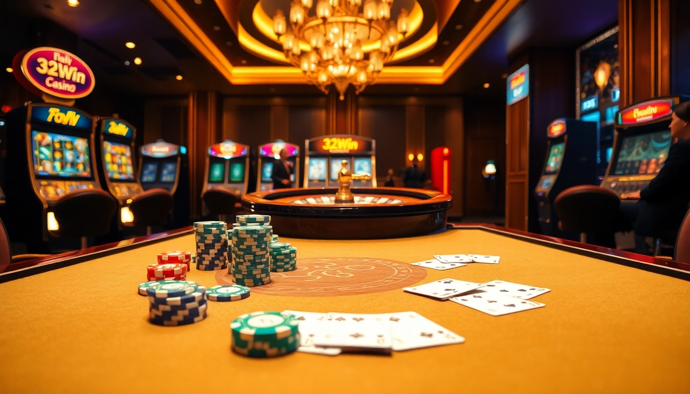 A stunning casino scene at 32Win featuring poker chips and a roulette wheel, highlighting an exciting gambling atmosphere.