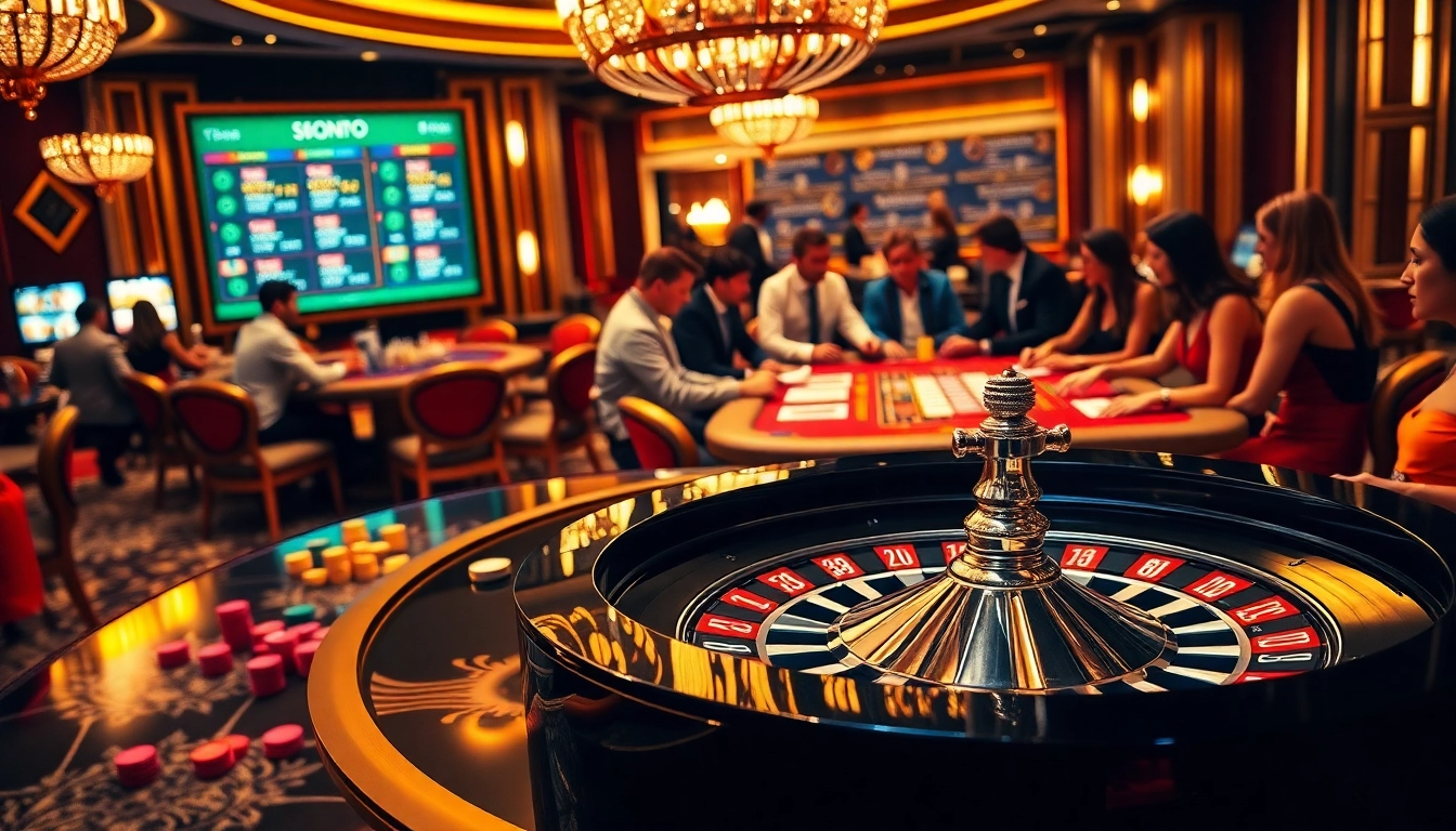 SODO casino players enjoying high stakes at an exquisite roulette table in an elegant gambling setting.