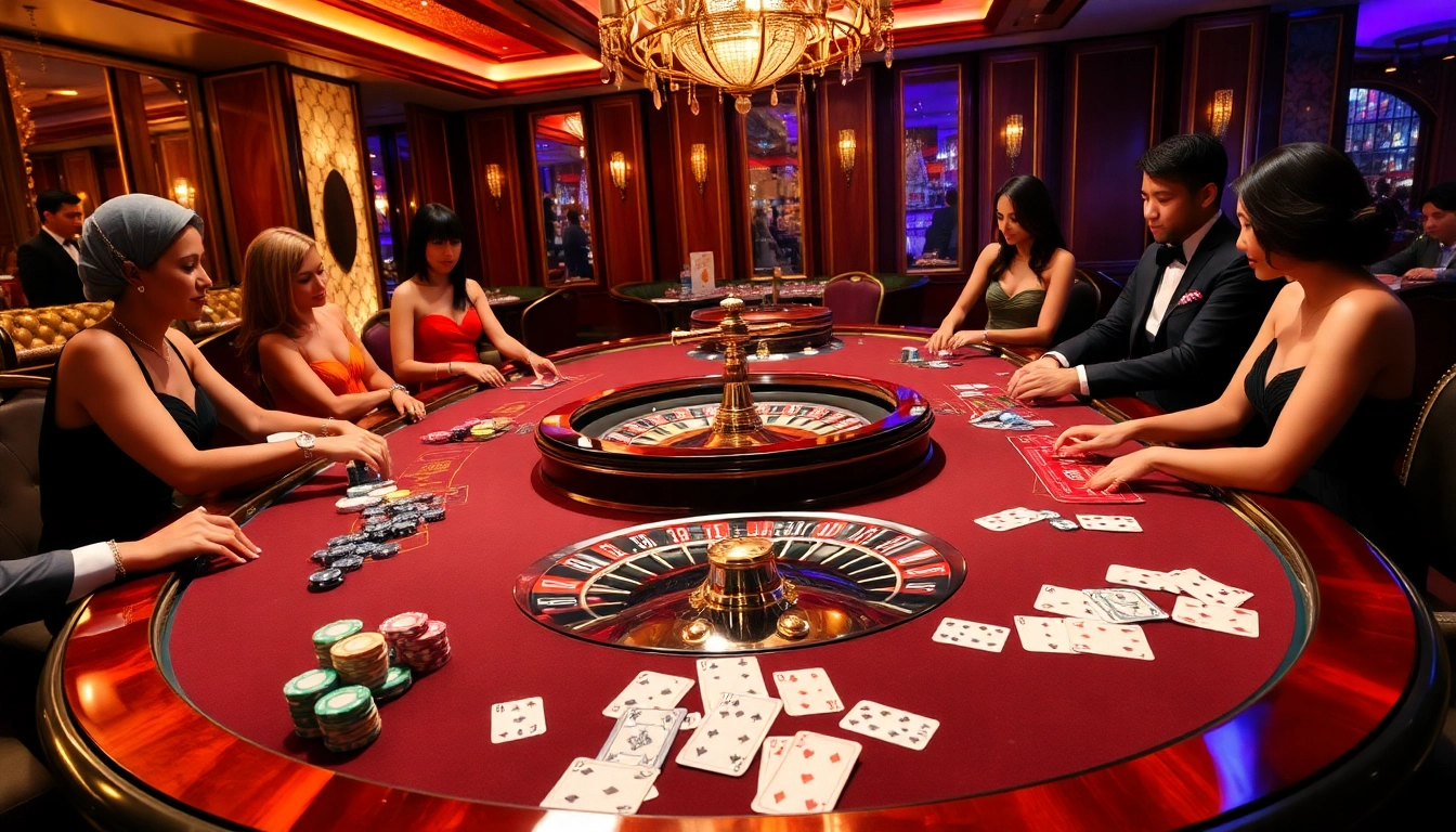 Players engaging in exciting poker gameplay at dn88 casino with vibrant chips and roulette.