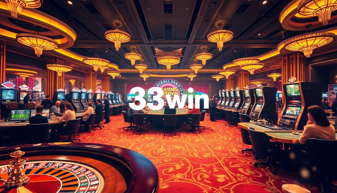 An exciting moment at 33win online casino featuring roulette wheels and poker chips.