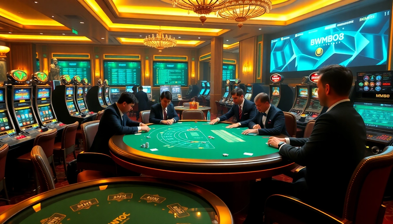 Experience the thrill of betting at MM88's upscale casino, featuring poker tables and vibrant slot machines.
