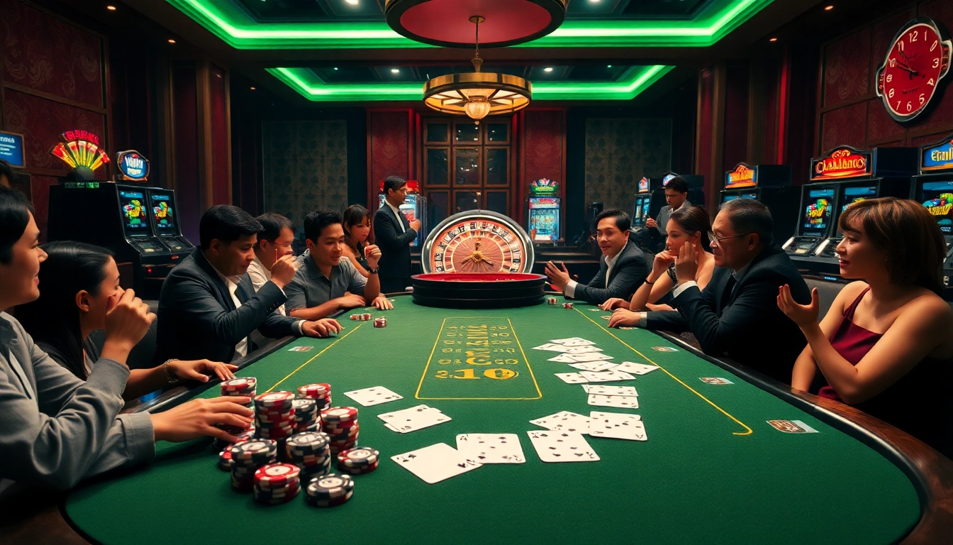 Players engaging at a stylish casino table showcasing 39BET gaming excitement with roulette and poker elements.