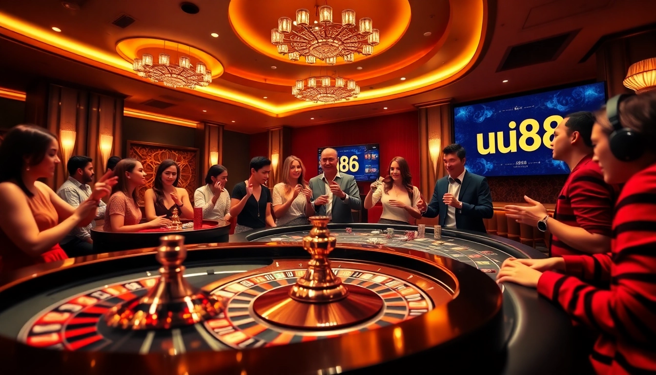 Experience thrilling games with uu88 at a luxurious casino surrounded by poker chips and cards.