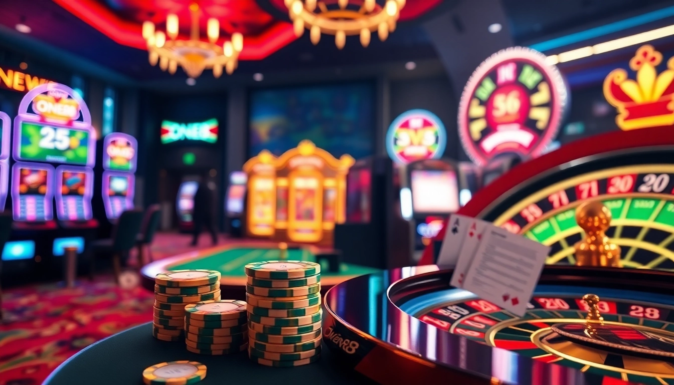 Join the excitement at ONE88 with vibrant casino tables, colorful chips, and thrilling games.
